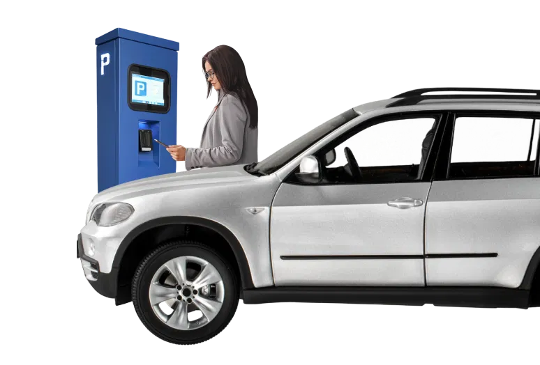 A driver paying at a NoctoPark payment station beside her vehicle